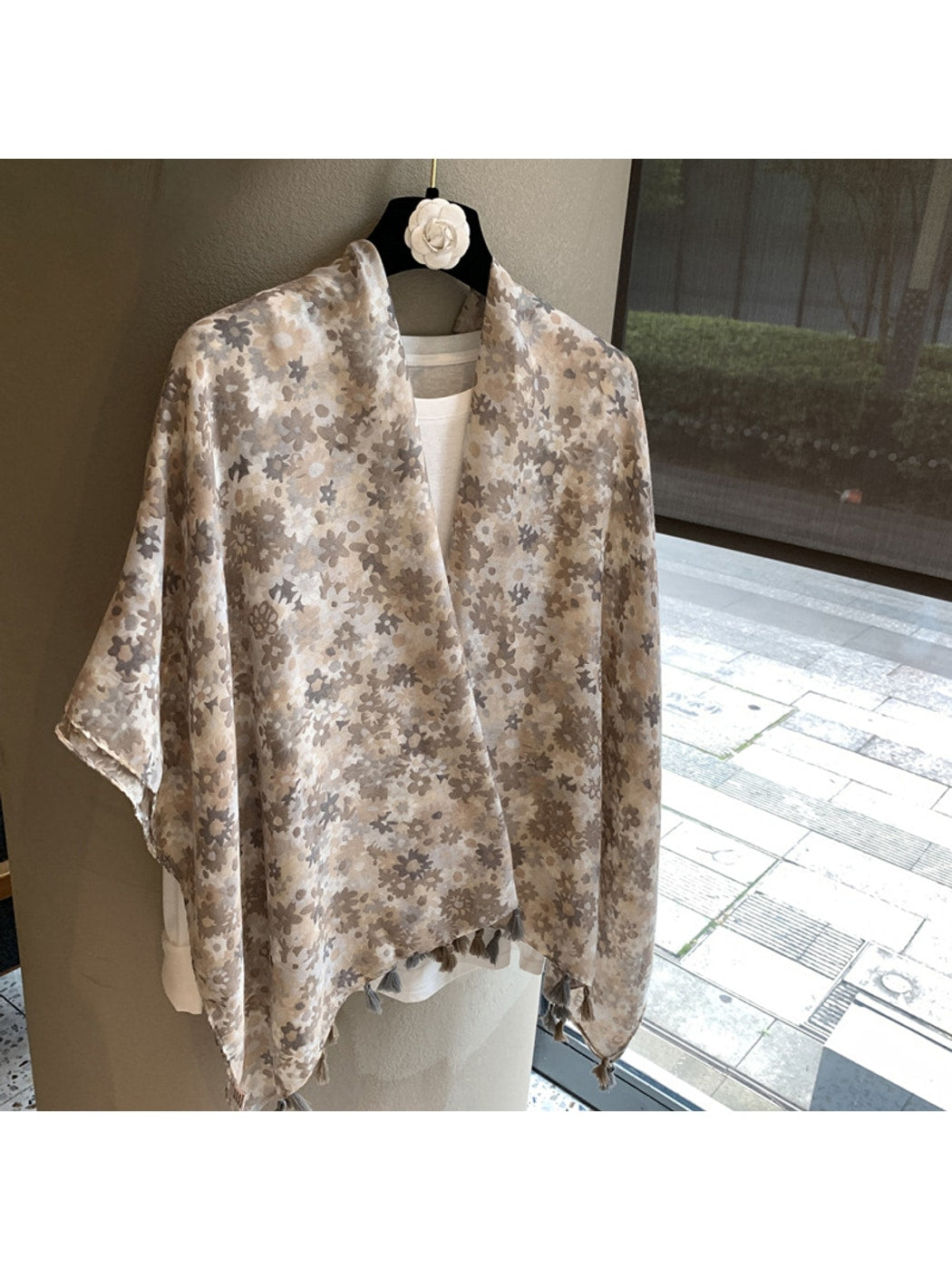 Scarvii - Khaki Floral Print Tassel Trim Long Scarf