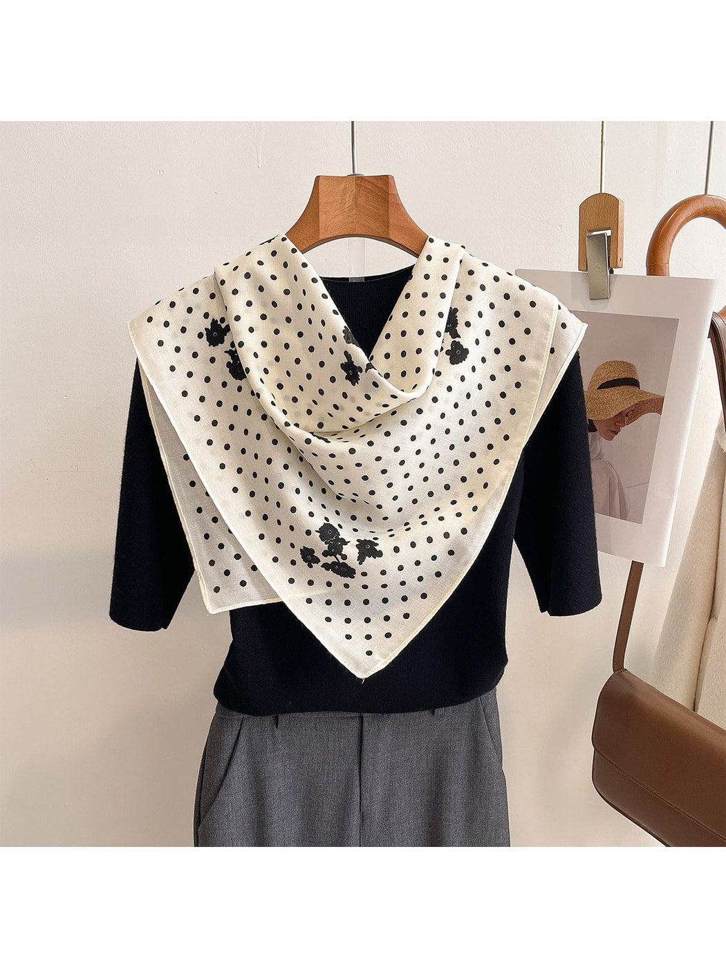 Scarvii - Minimal Polka Dot Floral Accent Square Scarf