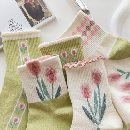 Rufia - Women's Floral Tulip Mid-Calf Socks - Green / White