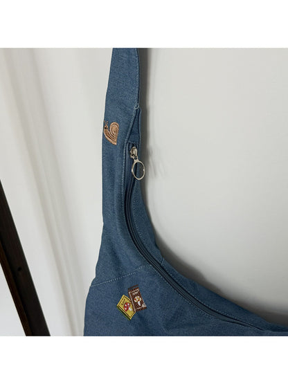 Cosbai – Embroidered Denim Shoulder Tote Bag