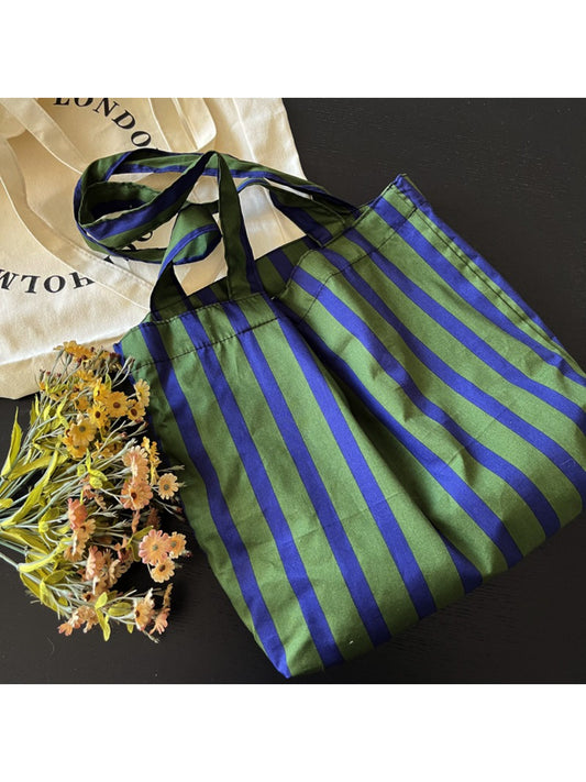 Cosbai green stripe shoulder tote bag front view with dual handles