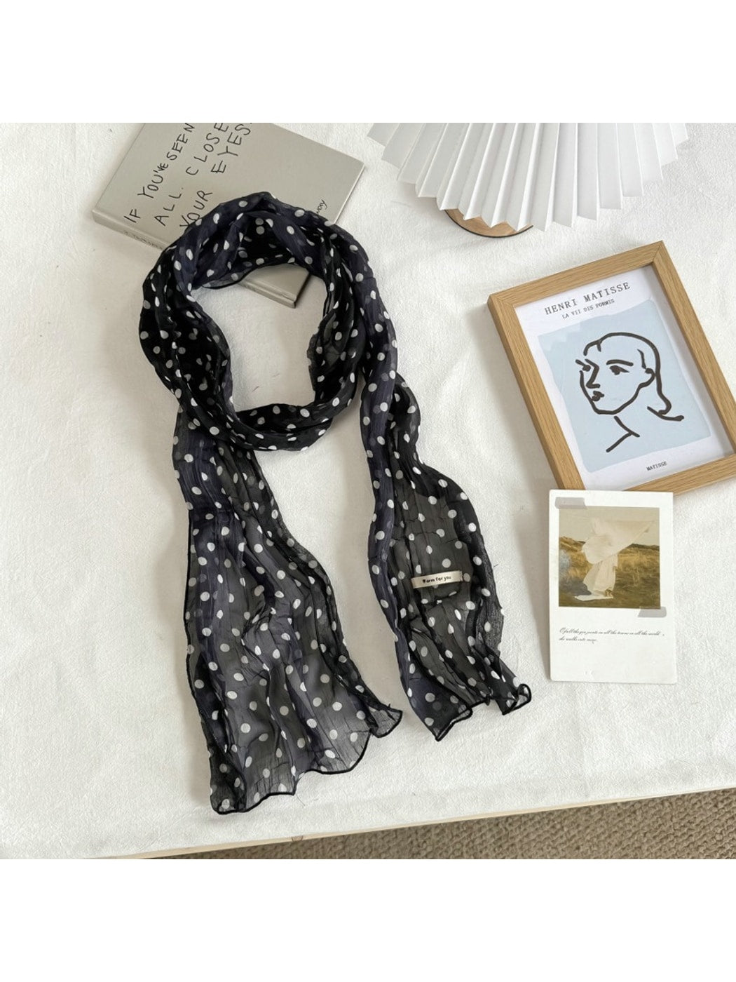 Scarvii - Polka Dot Pleated Long Narrow Scarf