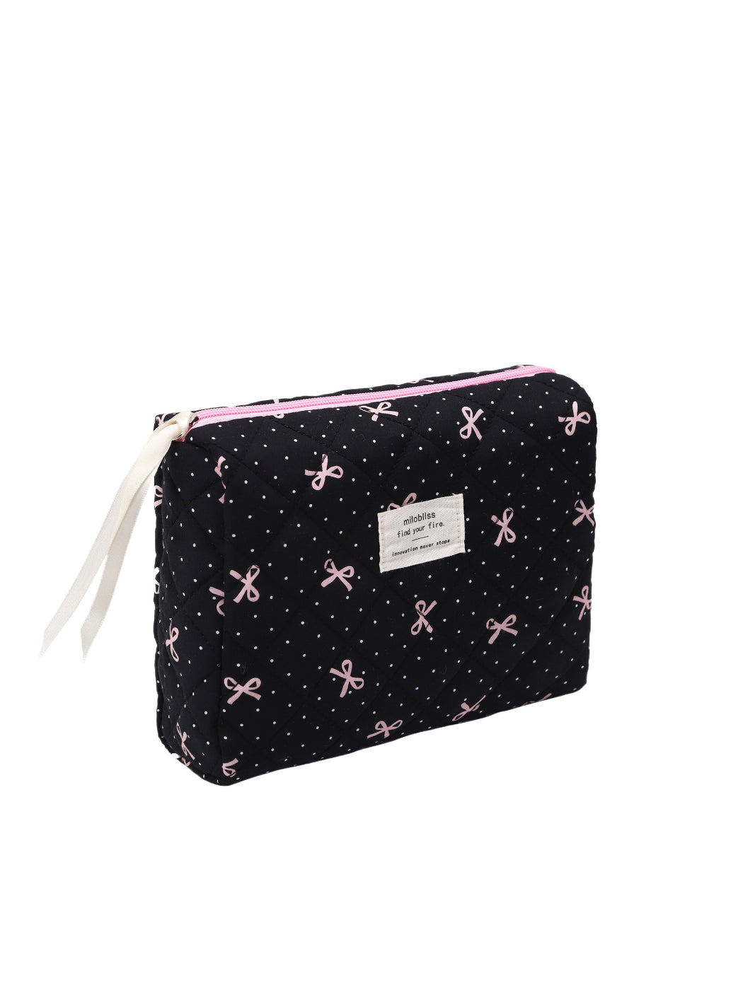 Cosbai quilted cosmetic pouch with bow print in soft pink color