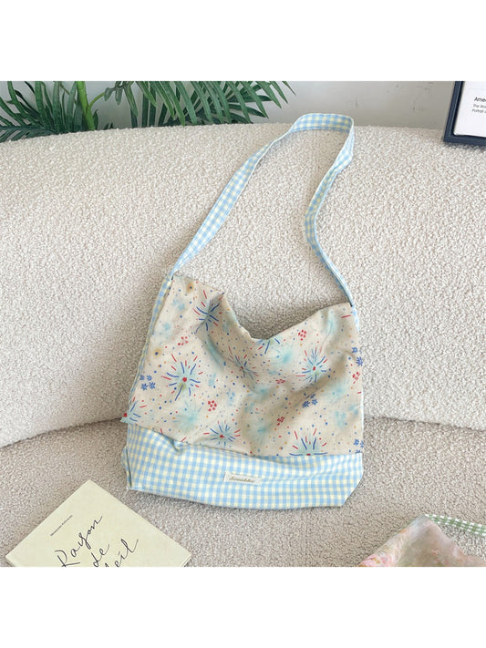 Close-up of gingham and floral patchwork pattern on Cosbai tote bag