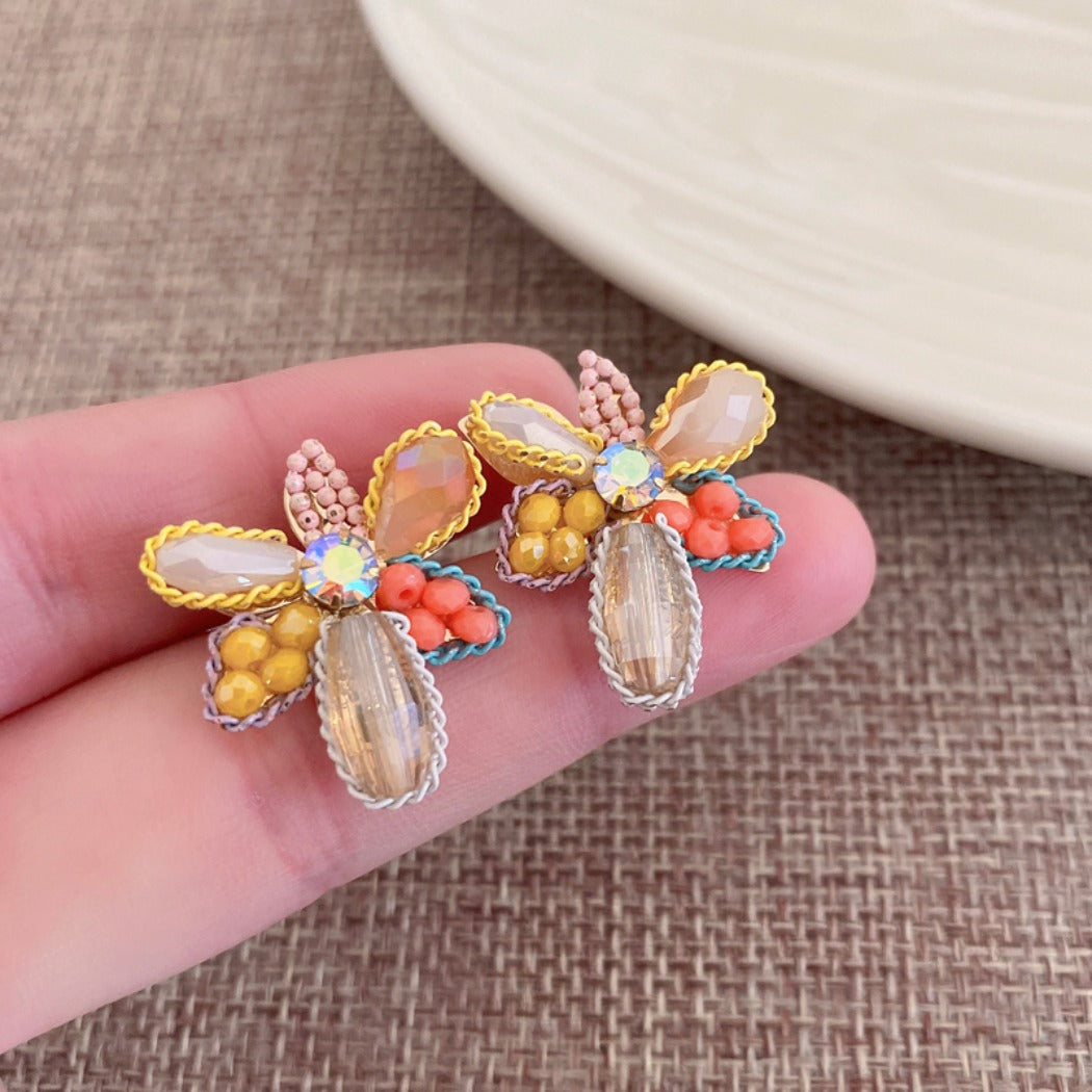 Earwish - Yellow Beaded Flower Earrings - Chic & Delicate