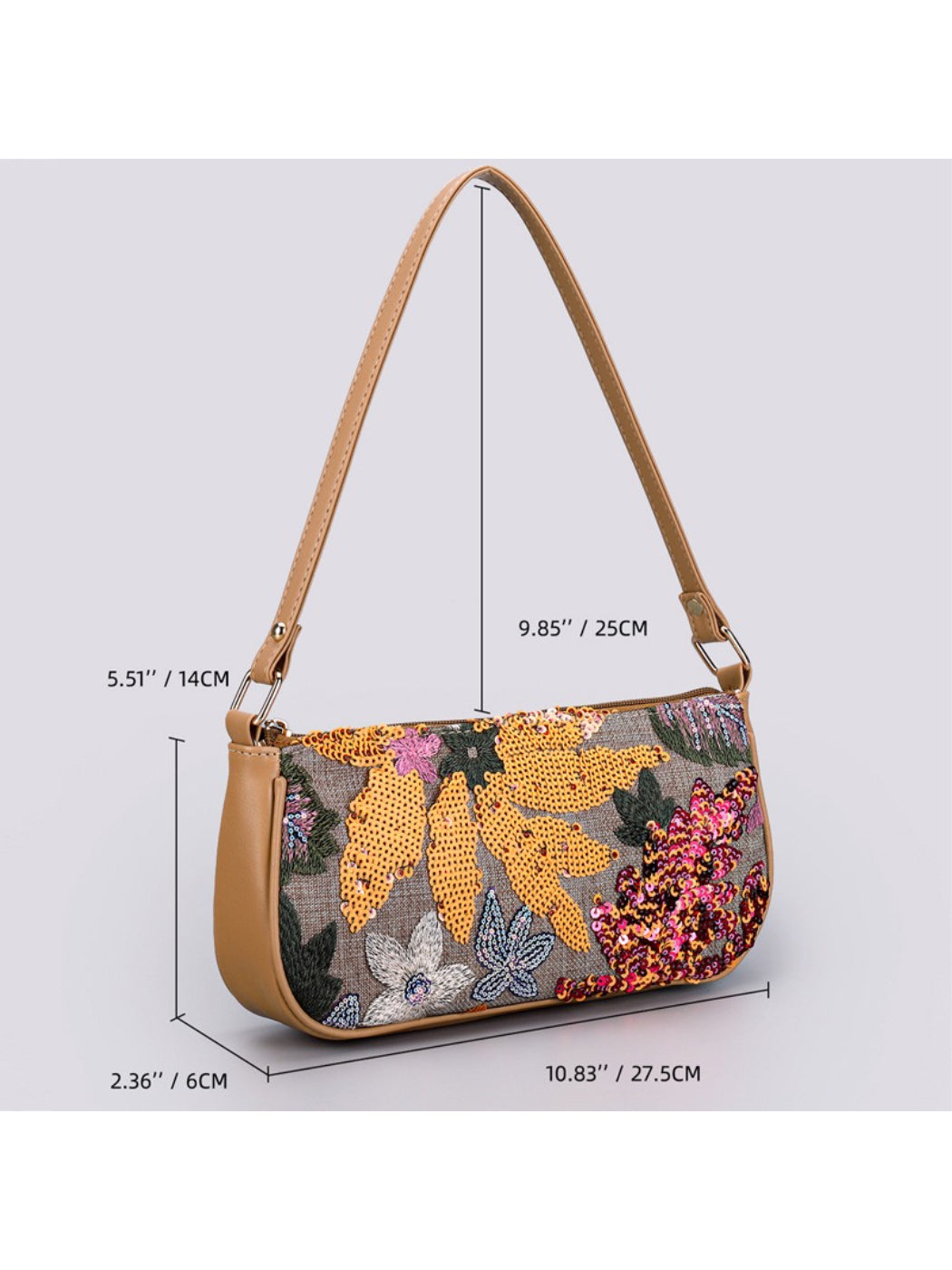 Close-up of floral sequin detail on Cosbai shoulder bag showing intricate embroidery