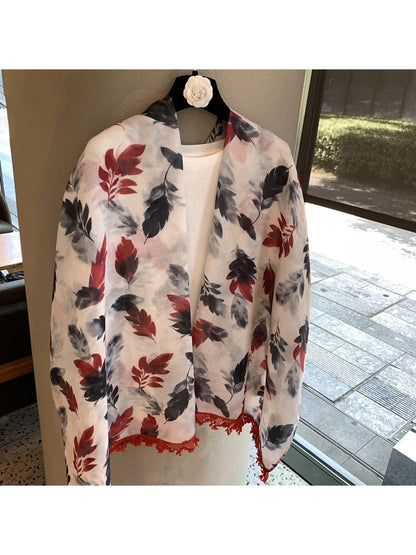 Scarvii - Feather Print Lace Edge Fashion Shawl Scarf