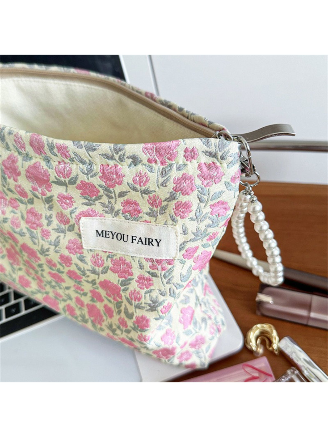 Cosbai Soft Rose Organizer Pouch angled view highlighting shape and color