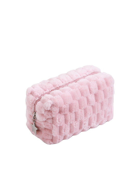 Cosbai - Textured Faux Fur Cosmetic Pouch with Charm