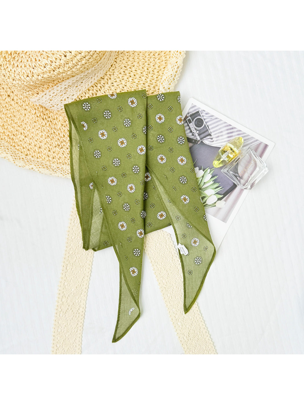 Scarvii printed triangle neck scarf styled with jacket on model outdoors