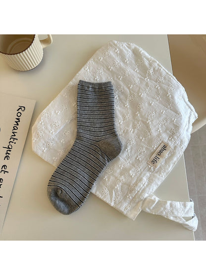 Rufia Classic Thin Stripe Crew Socks stretched to show elasticity and stripe detail