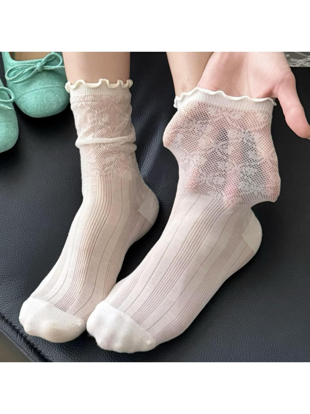 Rufia - Ruffle Trim Openwork Crew Socks