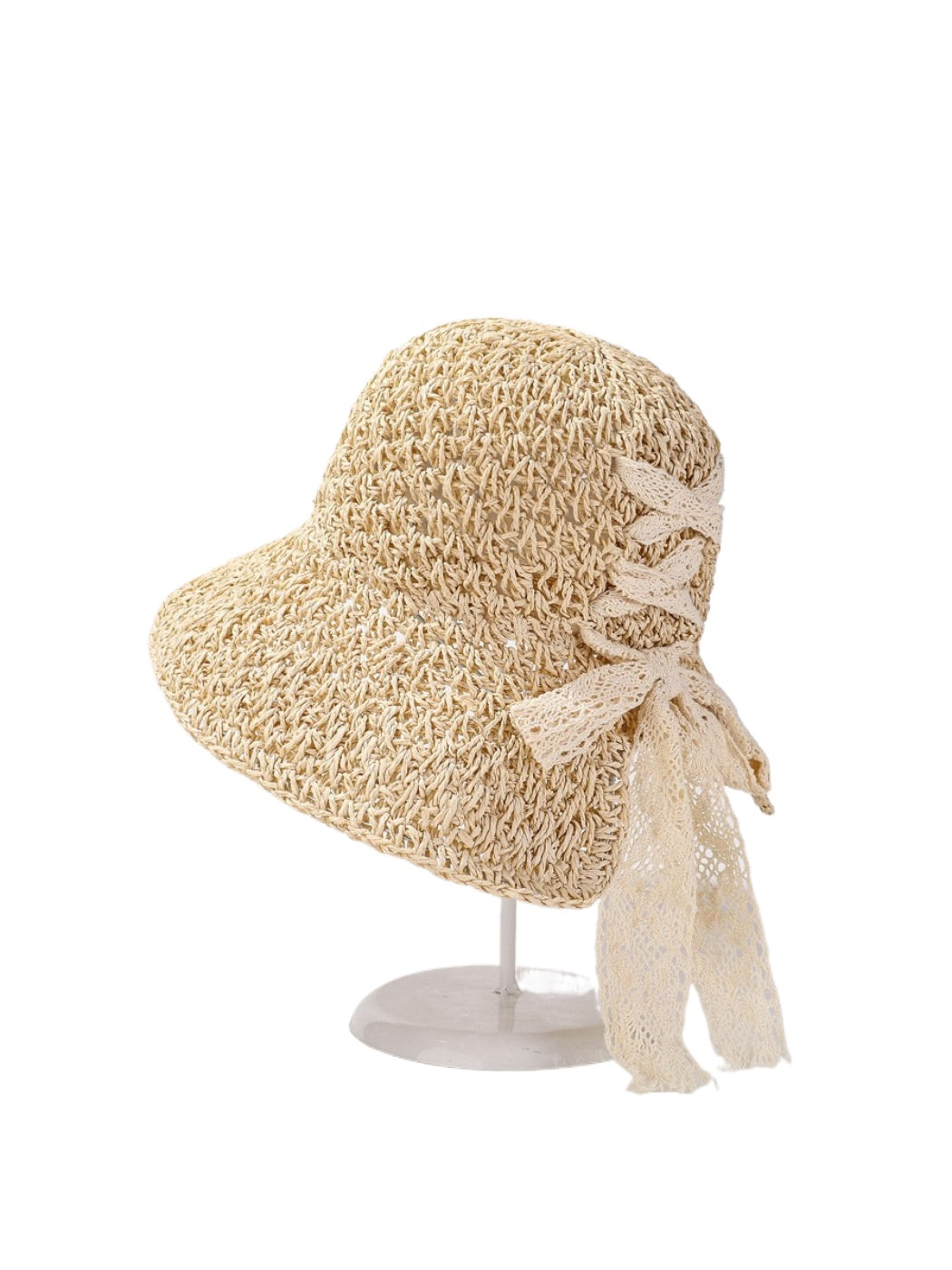 Haila lace bow woven sun hat displayed on a white background
