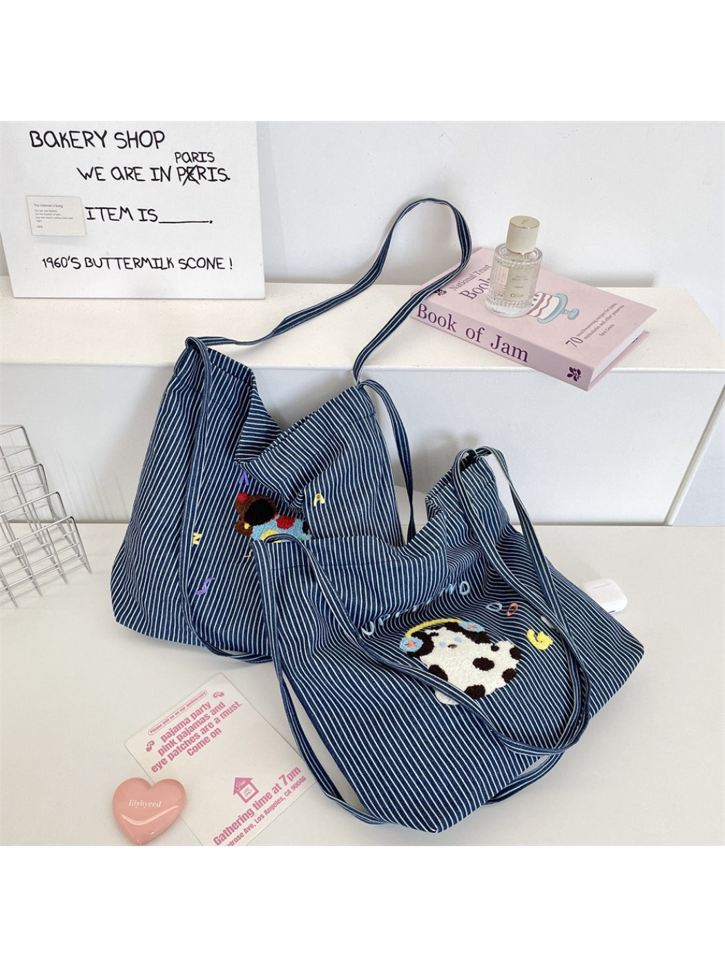Cosbai tote bag with cute animal embroidery and horizontal stripes on fabric