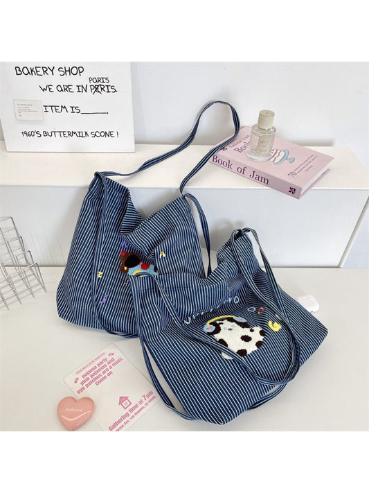 Cosbai tote bag with cute animal embroidery and horizontal stripes on fabric