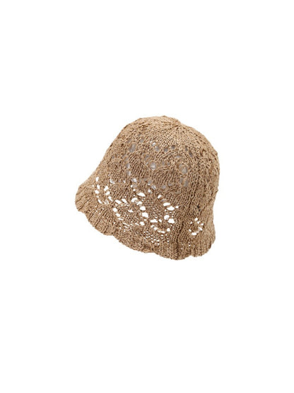 Close-up of Haila lace knit scallop edge bucket hat showing knit texture