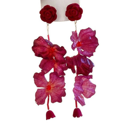 Earwish - Red Rose Floral Long Earrings - Romantic & Vintage