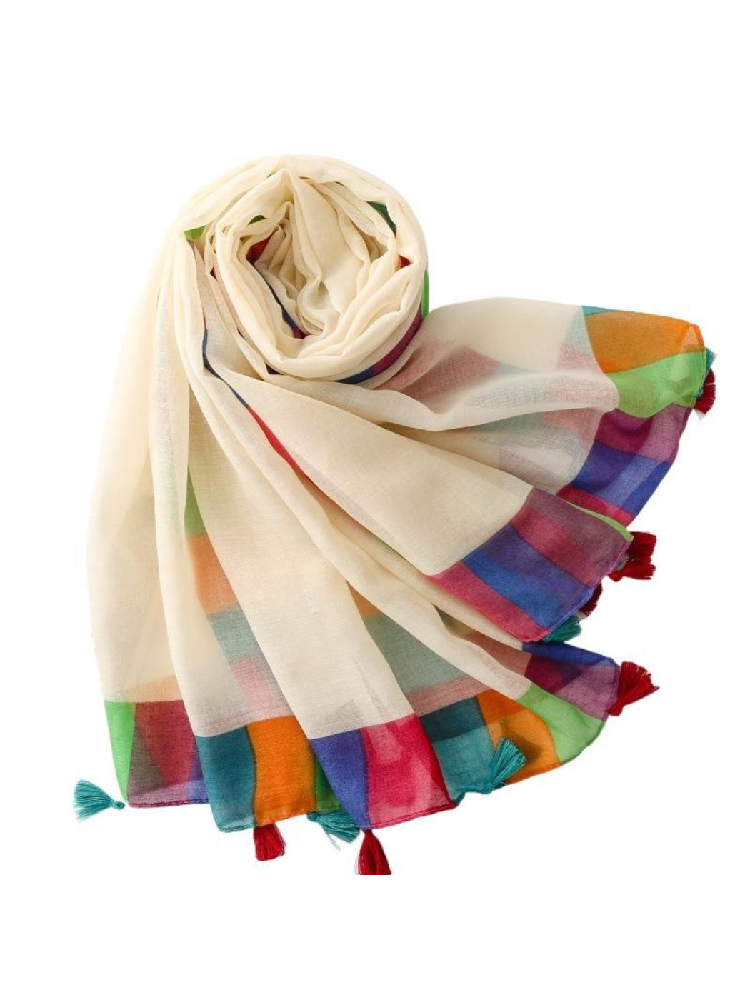 Scarvii Rainbow Border Tassel Scarf folded showing vibrant rainbow edges and soft fabric texture