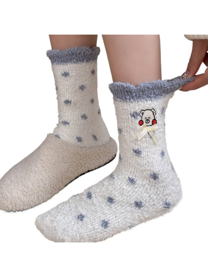 Rufia - Embroidered Cartoon Face & Ribbon Bow Crew Socks