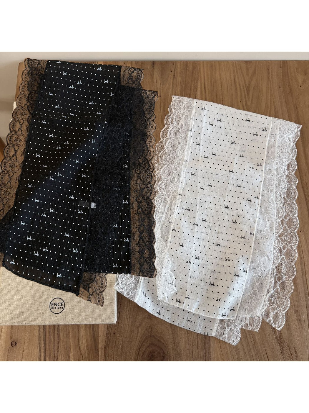 Scarvii - Lace Edge Polka Dot Bow Detail Long Scarf