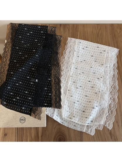Scarvii - Lace Edge Polka Dot Bow Detail Long Scarf