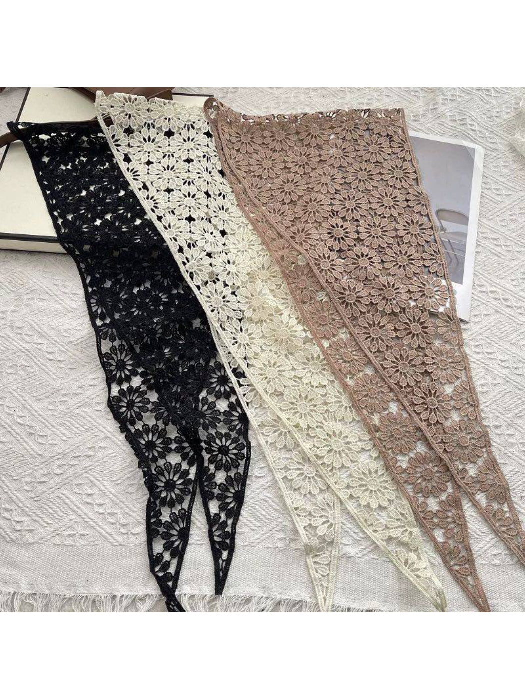 White crochet lace head scarf bandana styled on mannequin head