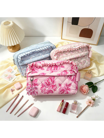 Cosbai - Ruffle Trim Floral Cosmetic Organizer Bag