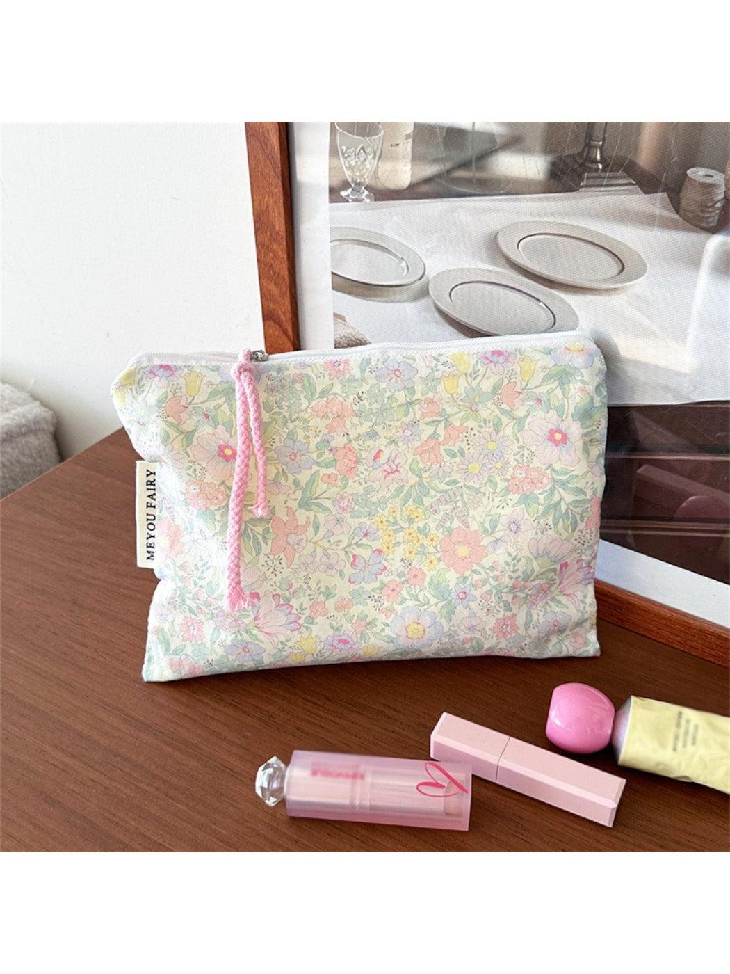 Cosbai floral cartoon cosmetic bag lying flat showing full floral and cartoon design