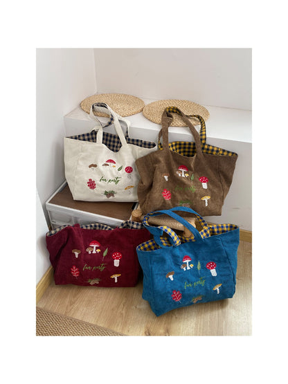 Cosbai – Retro Corduroy Mushroom Embroidered Shoulder Bag