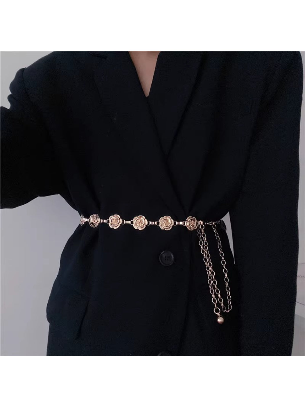 Beco Rose Detail Chain Waist Belt displayed flat on white background