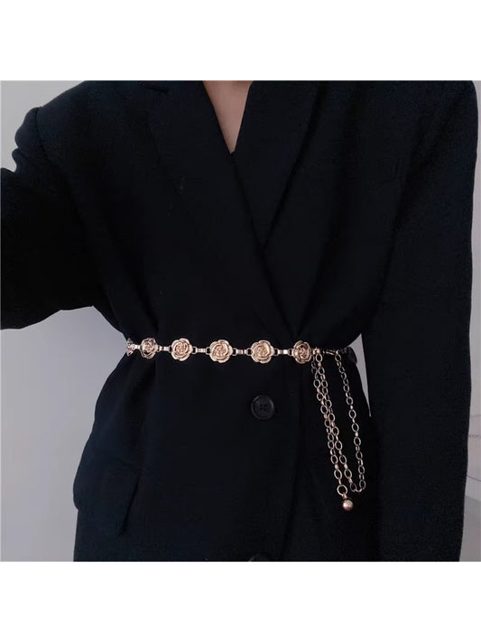 Beco Rose Detail Chain Waist Belt displayed flat on white background