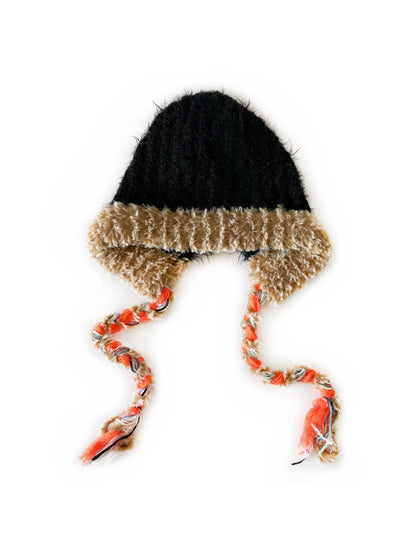Haila - Winter Color Block Knitted Beanie with Tassel Braids