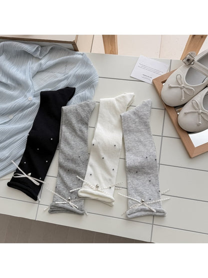 Rufia - Polka Dot Ribbon Bow Rolled Cuffs Knee High Socks