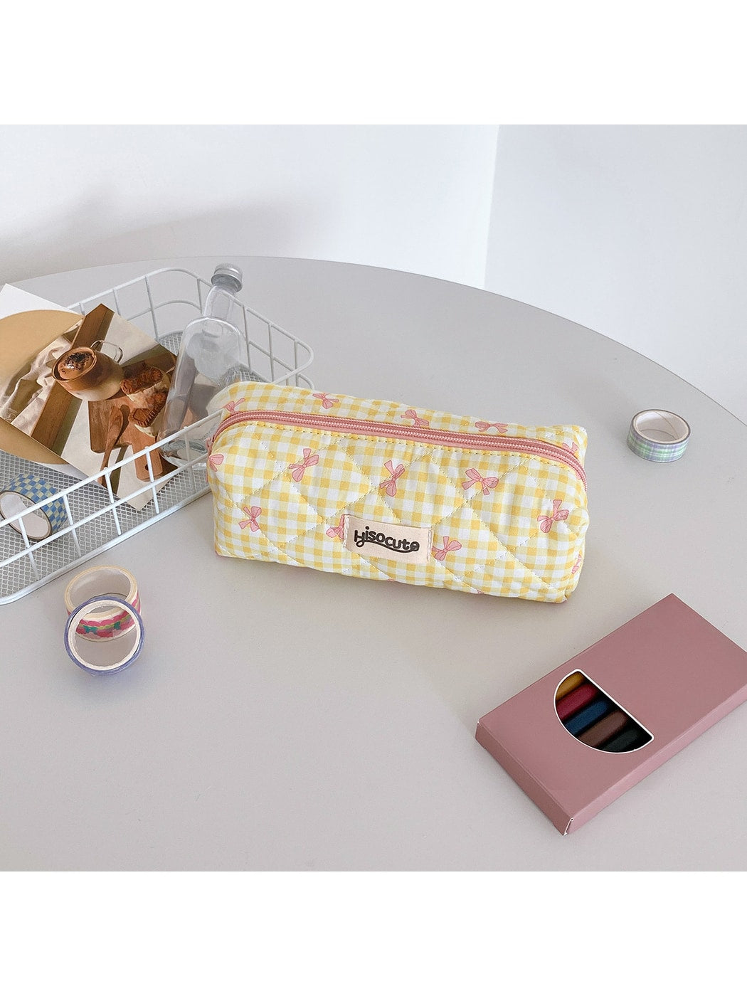 Cosbai - Plaid Bow Print Zipper Makeup Pouch Bag
