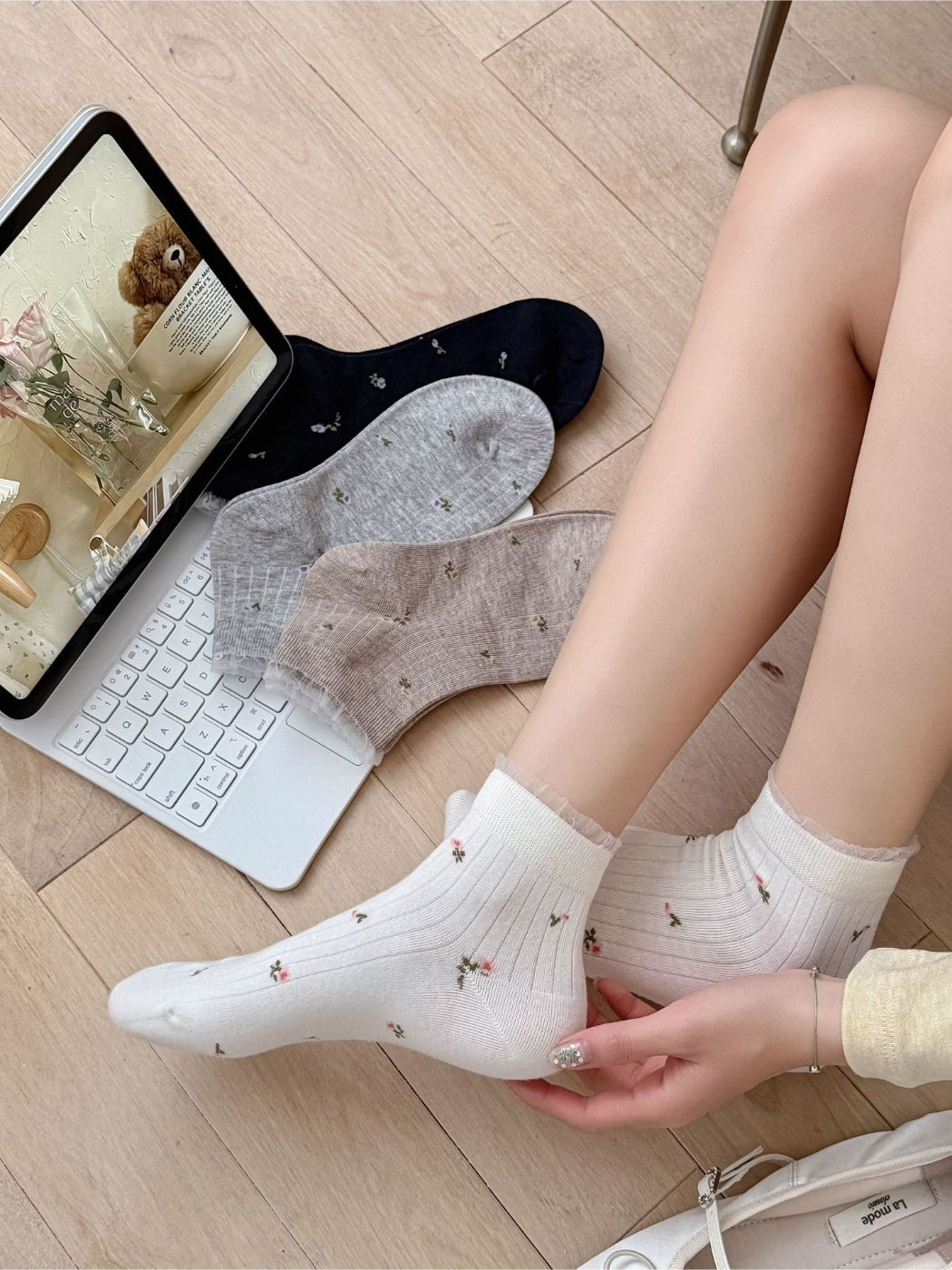 Rufia ankle socks styled with casual footwear and floral outfit