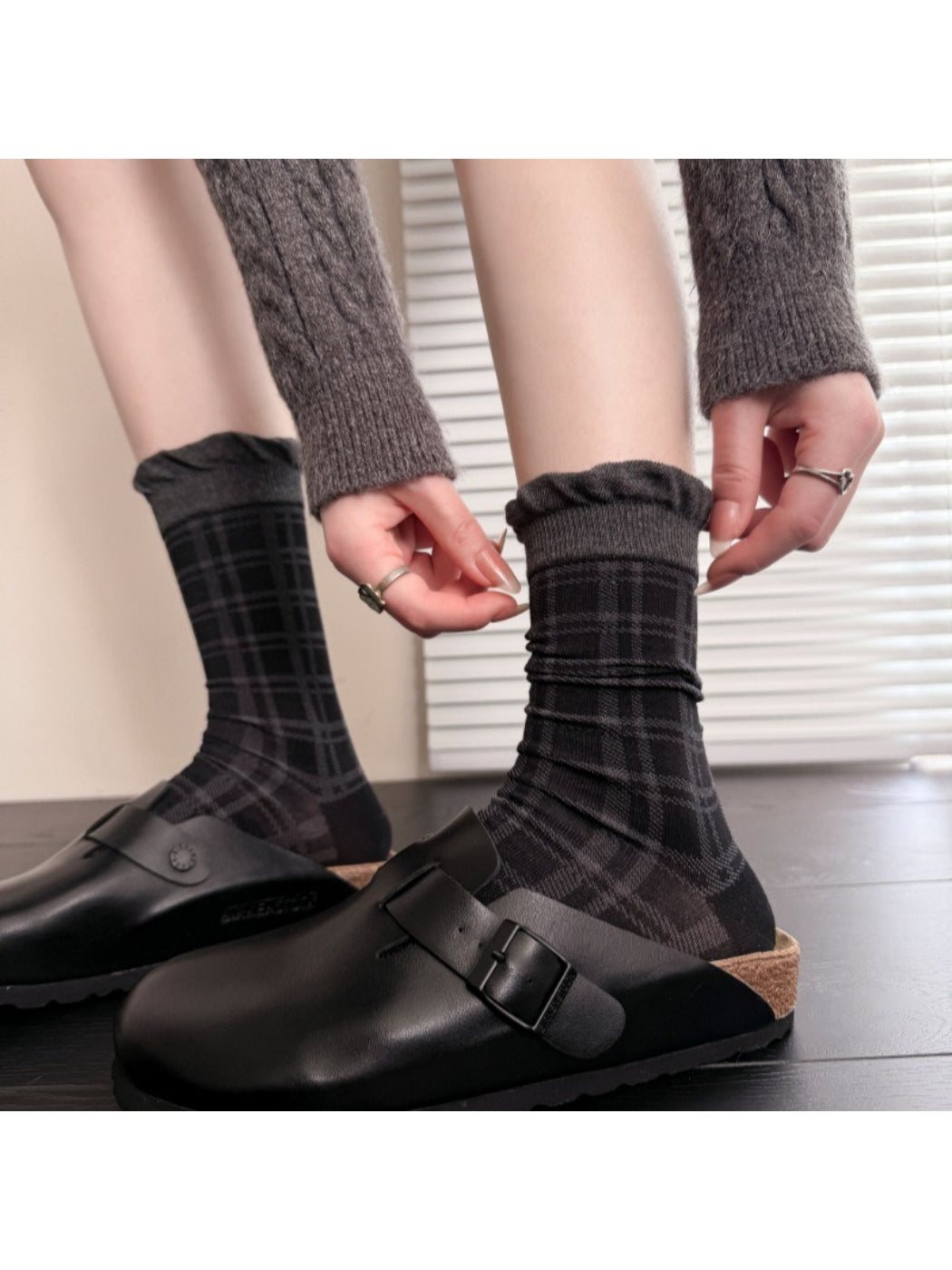 Side view of Rufia mid-calf socks showing lace contrast on ankle