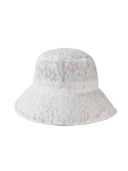Side view of Haila floral lace bucket hat highlighting scalloped brim and lace texture