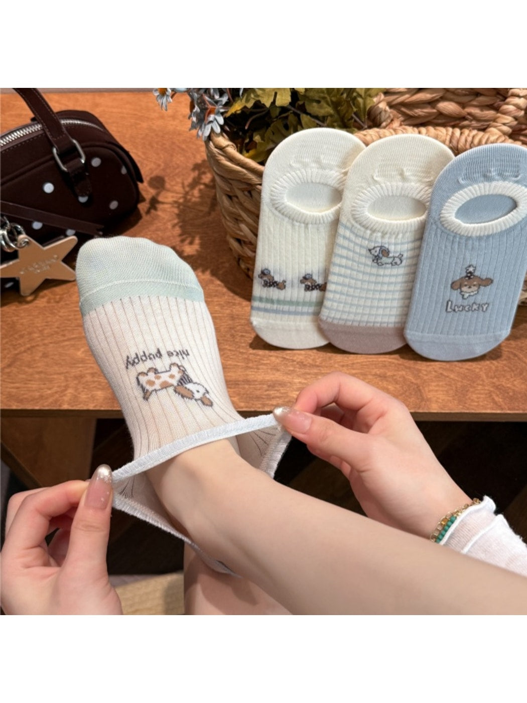 Rufia - Playful Cartoon Dog Striped No-Show Socks