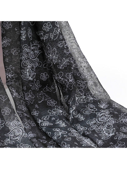 Scarvii - Black White Floral Print Scarf