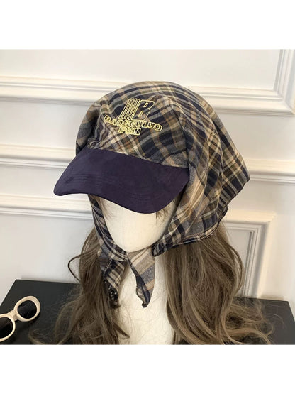 Haila - Plaid Embroidered Tie Back Headscarf Cap