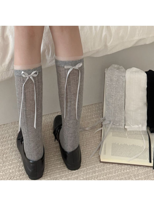 Rufia - Simple Solid Color Bow Mid-calf Socks