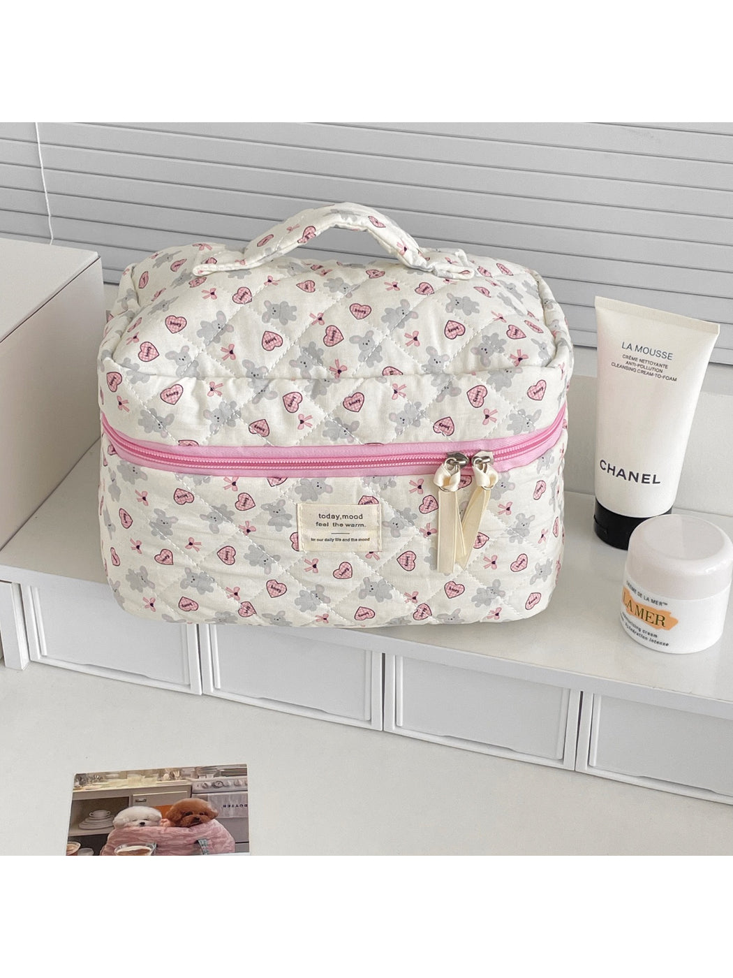 Cosbai - Gray Rabbit and Heart Print Cosmetic Bag