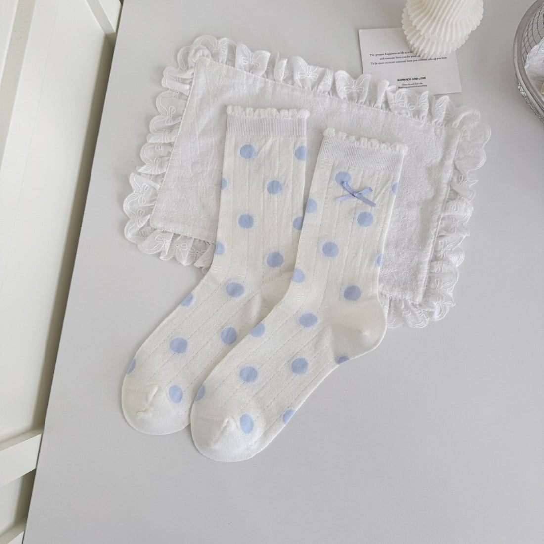 Top view of Rufia blue tone crew socks showing toe and heel details