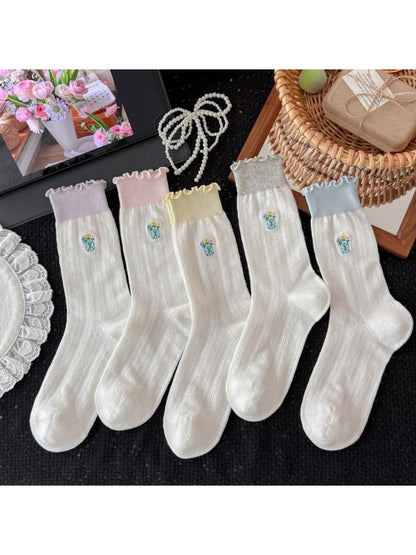 Rufia - Flowers Embroidered Colorblock Crew Socks