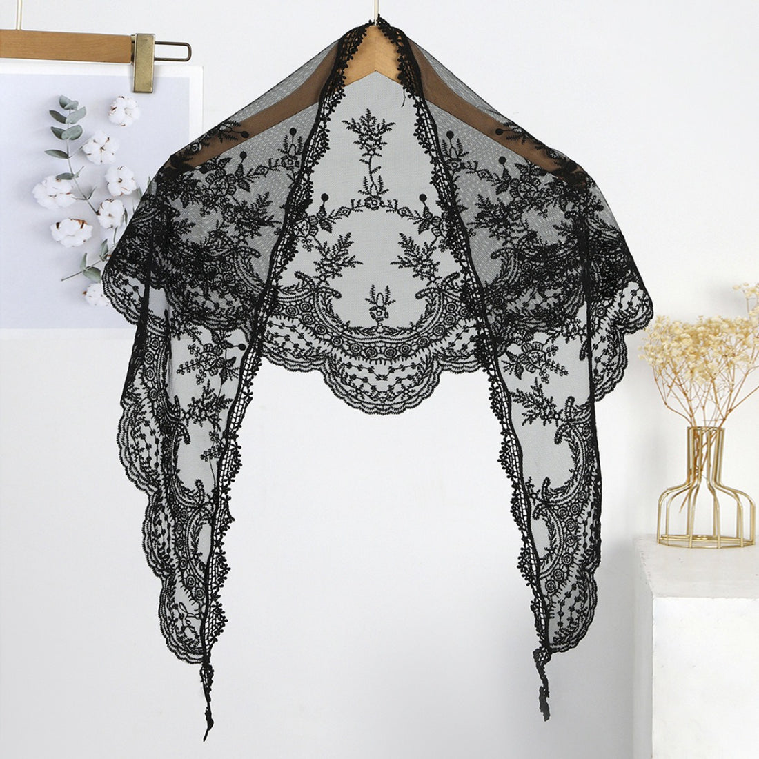 Folded Haila baroque lace triangle veil scarf showing detailed lacework
