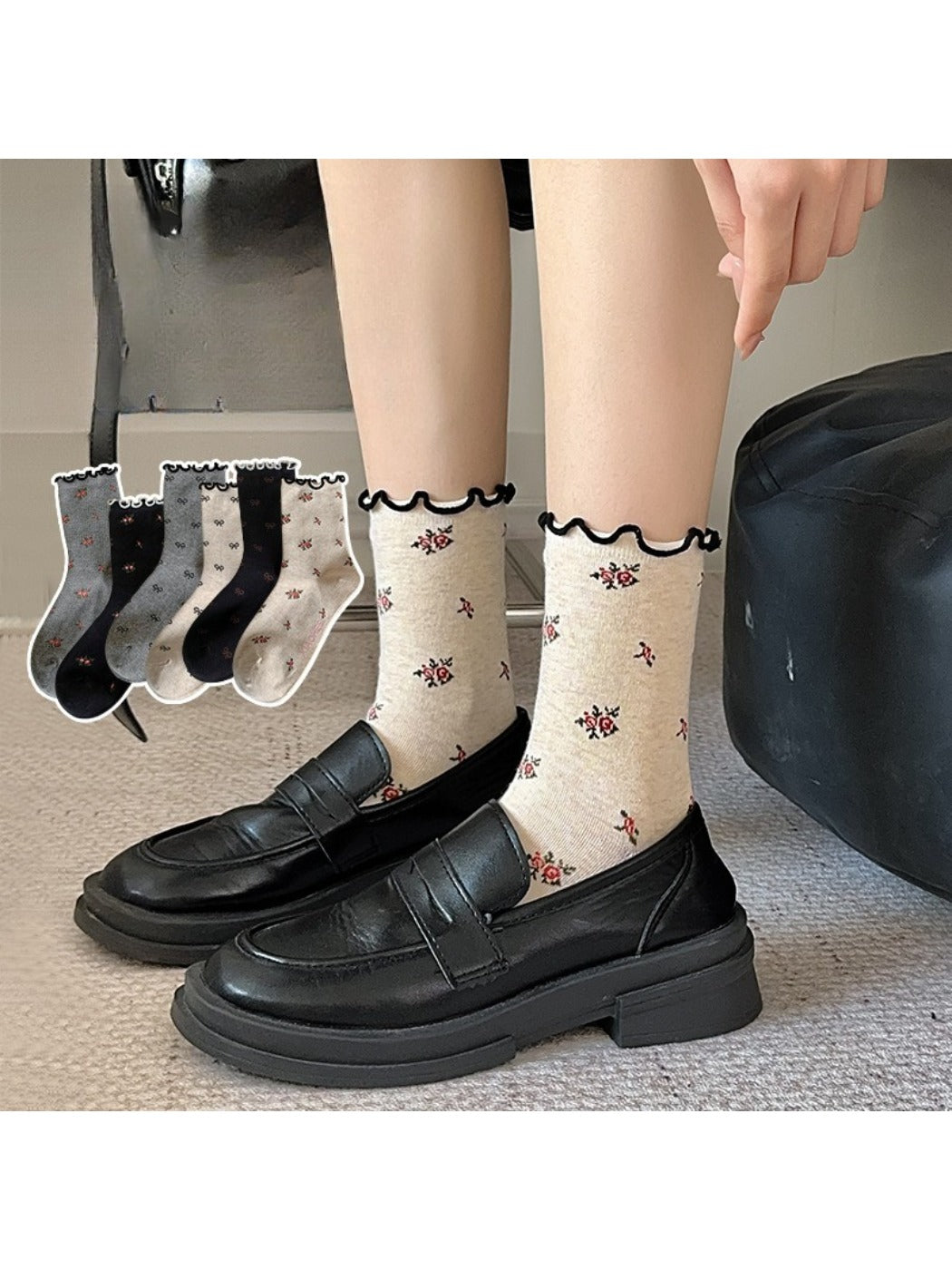 Rufia - Women's Rolled Cuff Socks with Bow & Floral Pattern