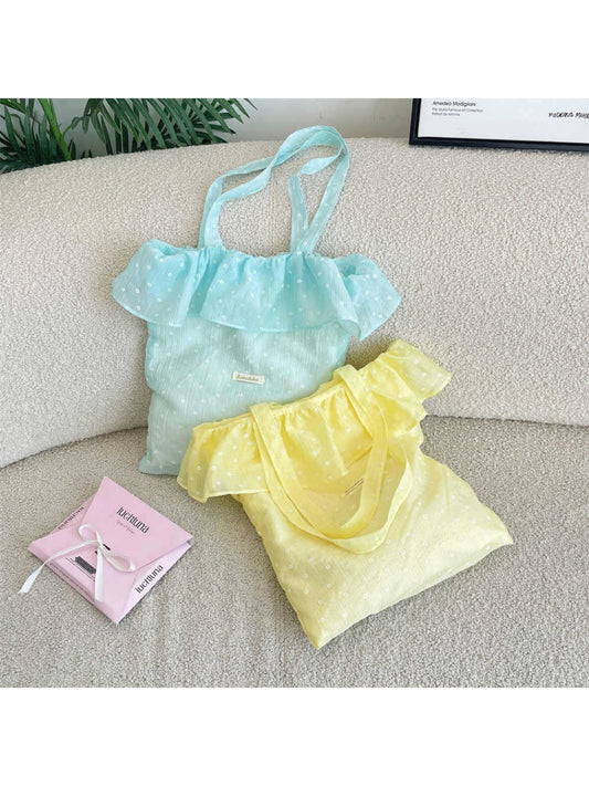 Side view of Cosbai Light Dot Ruffle Tote Bag showing ruffle and tote handles