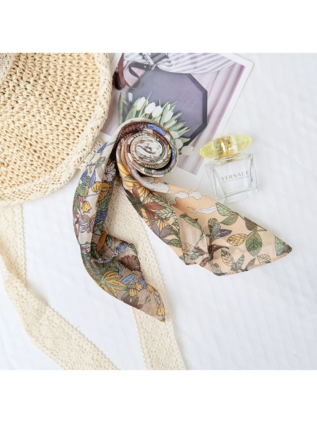 Scarvii Botanical Scene Square Scarf laid flat displaying full botanical design in green tones