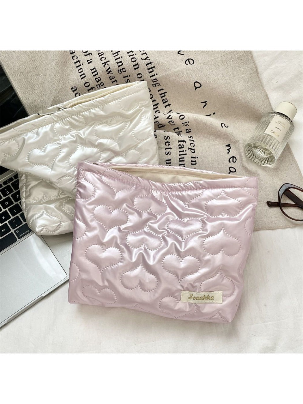 Cosbai – Quilted Cosmetic Bag with Bowknot Print