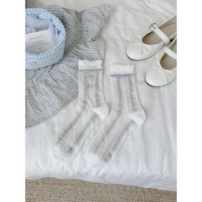 Rufia Bear Embroidered Ribbon Crew Socks in packaging showing product label and embroidered design